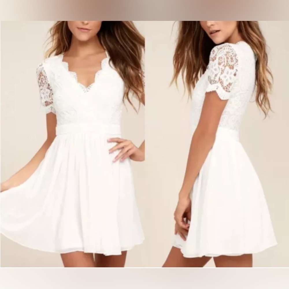Lulus Angel in Disguise White Lace Fit Flare Dress Short Sleeve Size Medium New - Picture 3 of 7